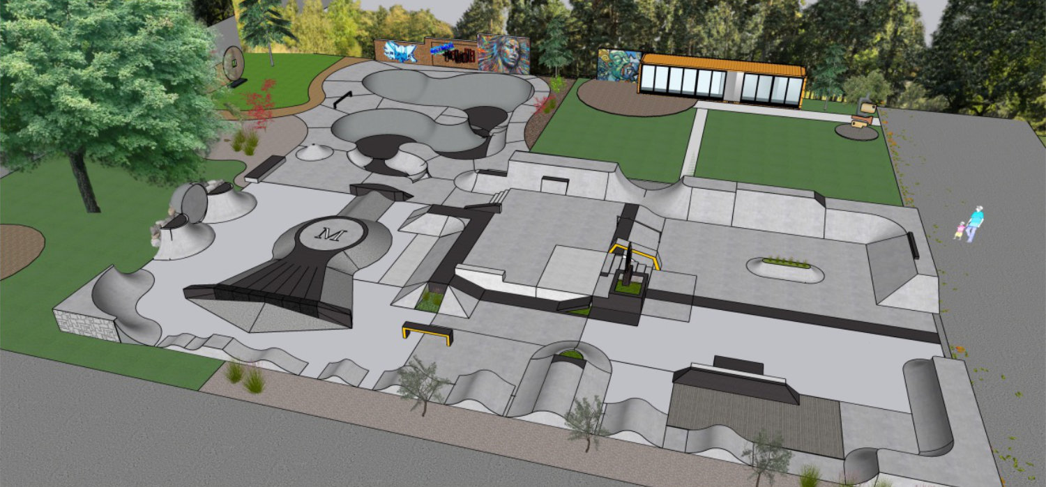 A rendering of the proposed concrete skate park to replace the wooden structures at Front at Stone Streets in Mineola, which would also expand the size of the park.